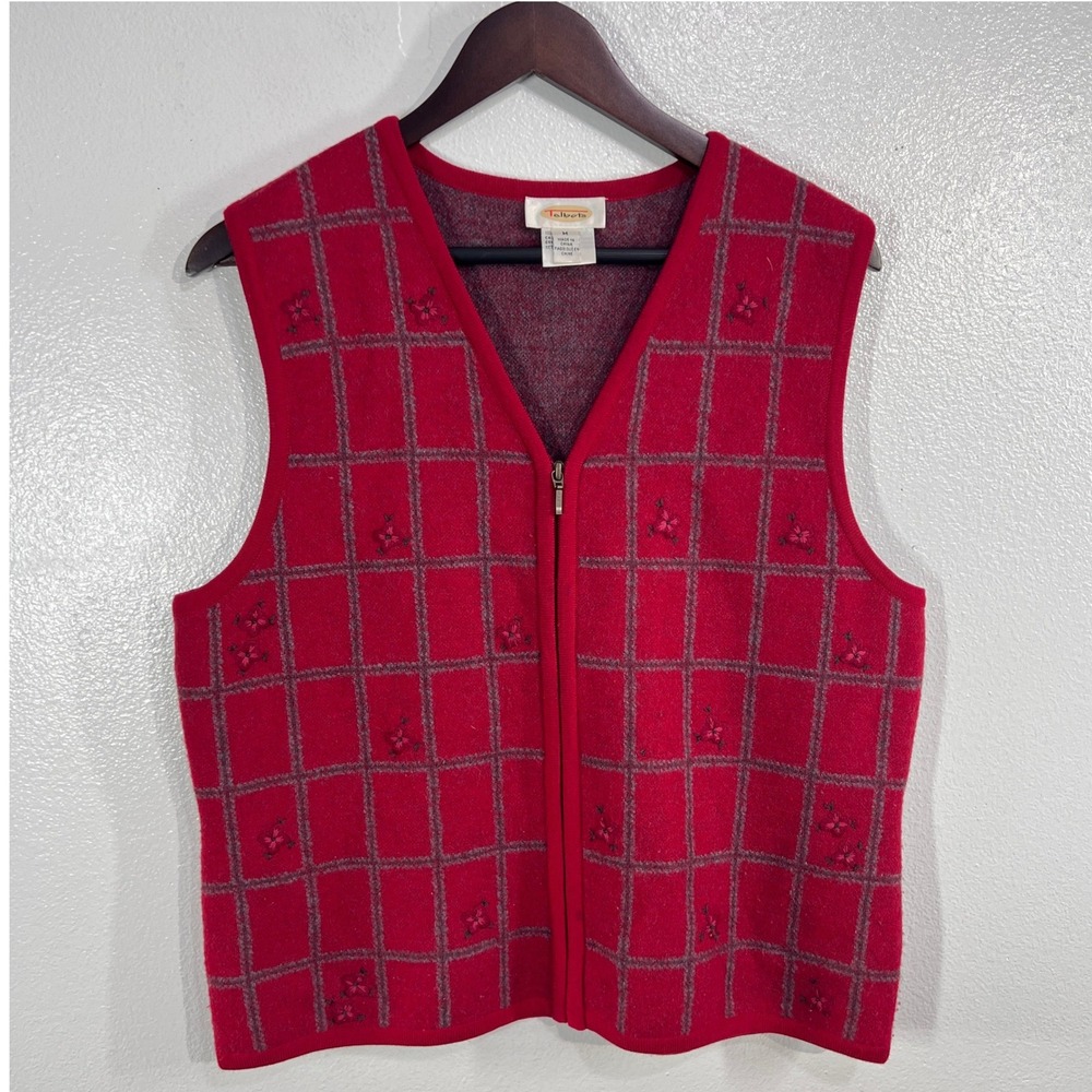 Vintage Inspired Talbots Wool Zip Vest M Women Red Plaid Embroidered Sleeveless